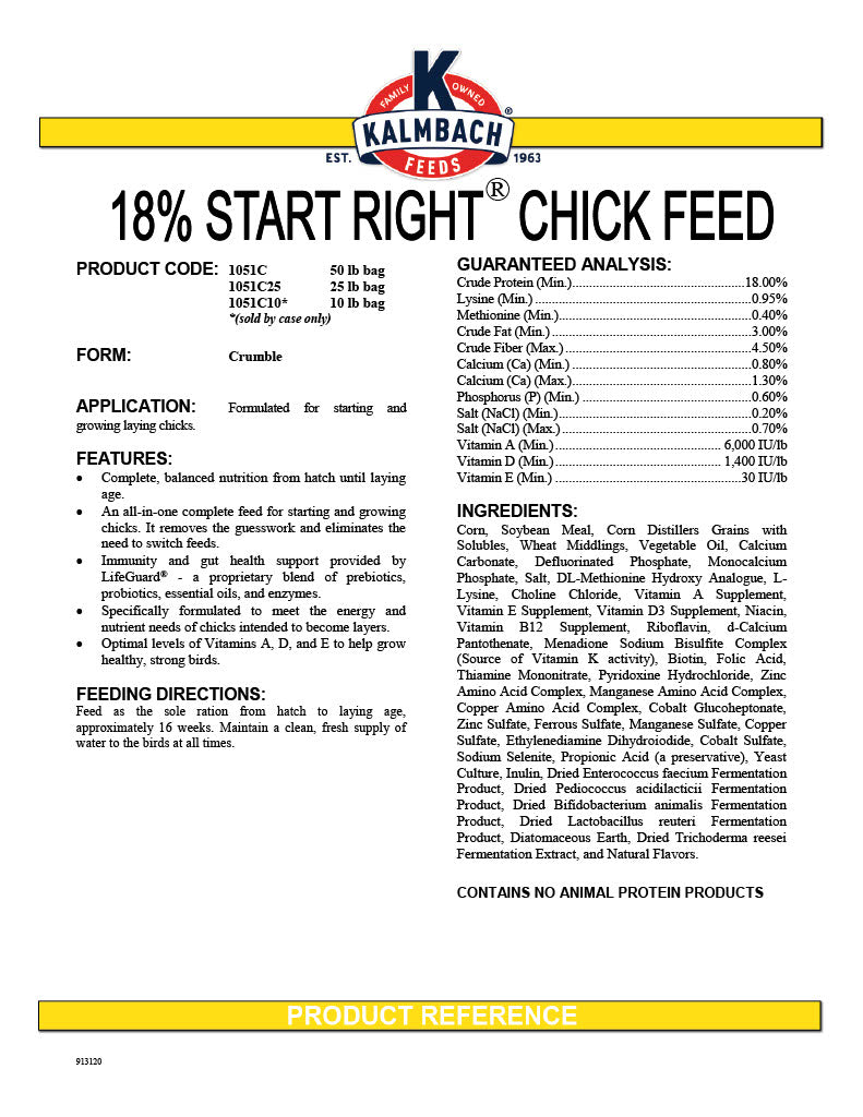 Kalmbach 18% Start Right Growing Chicken Feed for Chicks and Pullets 50lbs